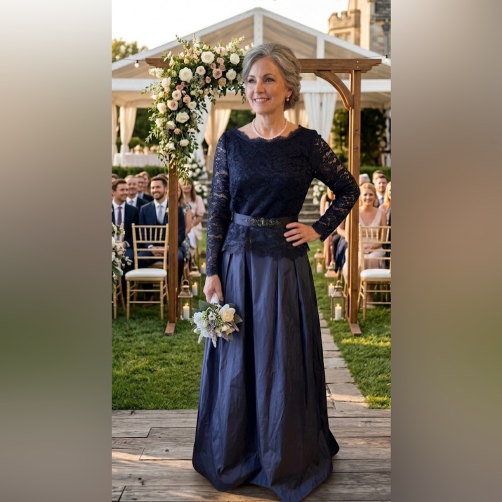 Adrianna Papell Navy Lace Top & Satin Skirt Mother of the Bride Gown